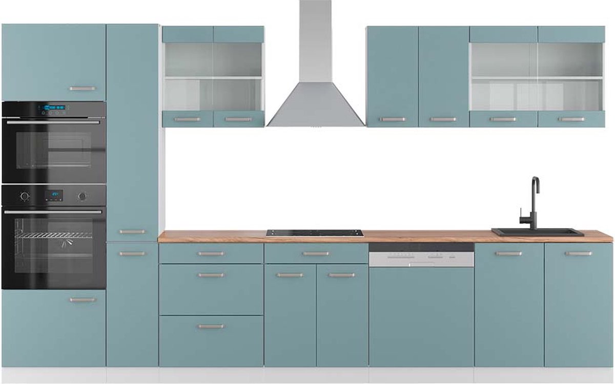 Vicco R-Line Complete keukeneenheid – 350 cm met hoge kast, WB Eik Blauw-grijs/wit