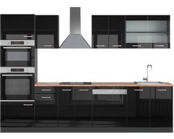 Vicco R-Line Complete keukeneenheid – 300 cm met hoge kast, WB Eik Hoogglans zwart/antraciet