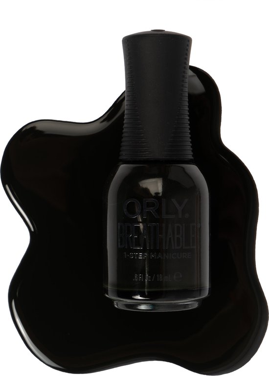 Een flesje Orly BREATHABLE nagellak staat in een plas zwarte nagellak.