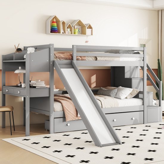 Massief houten slaapbank 90x200 cm - met bureau - boekenkast plank - met stopcontact - met 2 grote lades - wit (zonder matras Massief houten slaapbank 90x200 cm - met bureau - boekenkast plank - met stopcontact - met 2 grote lades - wit (zonder matras