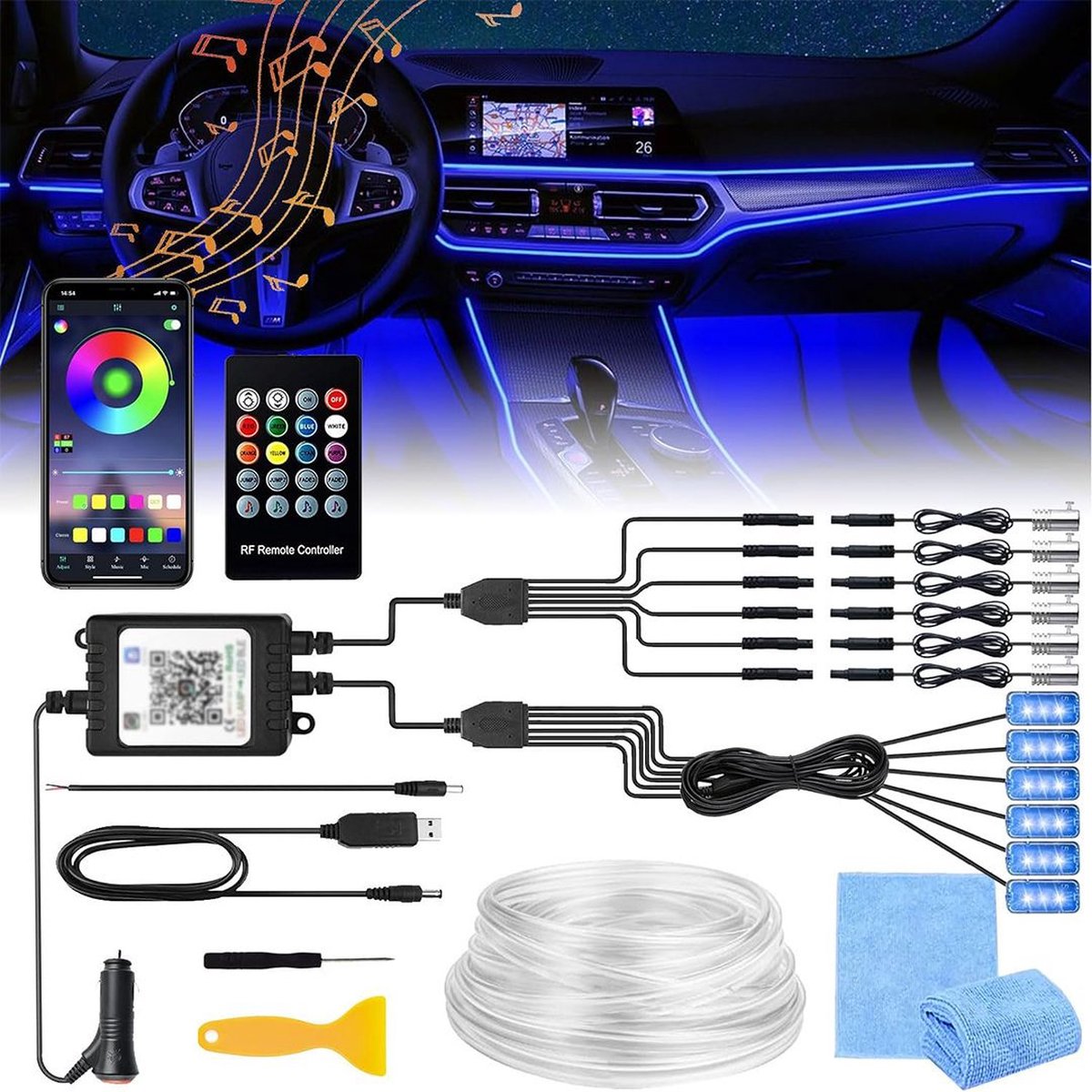 White-label® Auto Interieur Verlichting - Led Strip Auto – 6M – Met App - RGB