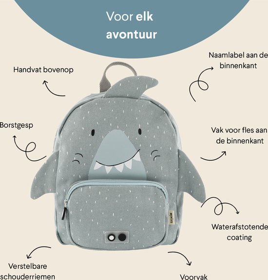 Trixie Rugzak - Mr. Shark - Schooltas Waterafstotend - Boekentas voor Kind - Voor Jongens en Meisjes - Geschikt als Gymtas - Grijs - Haai