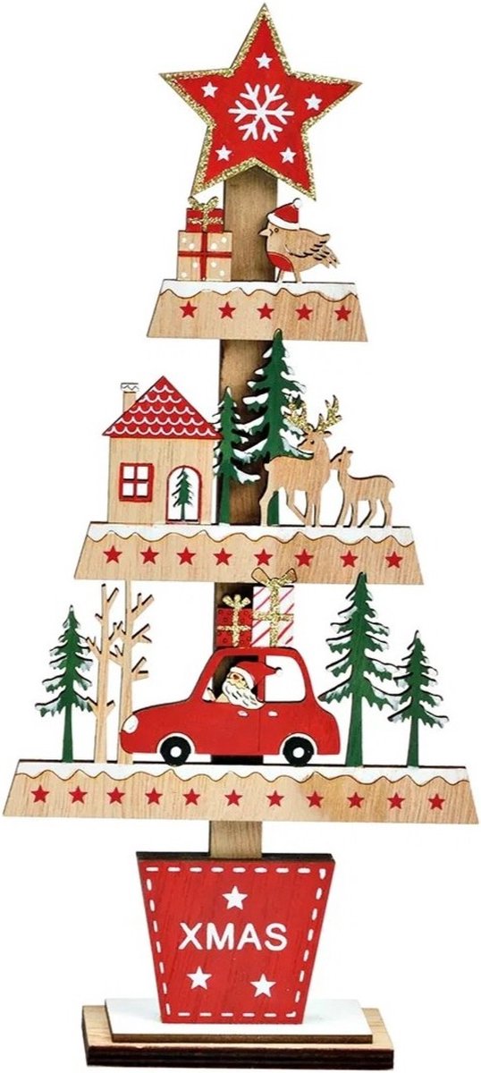 Kerstboom van hout 28 cm kerstsfeer met oa auto