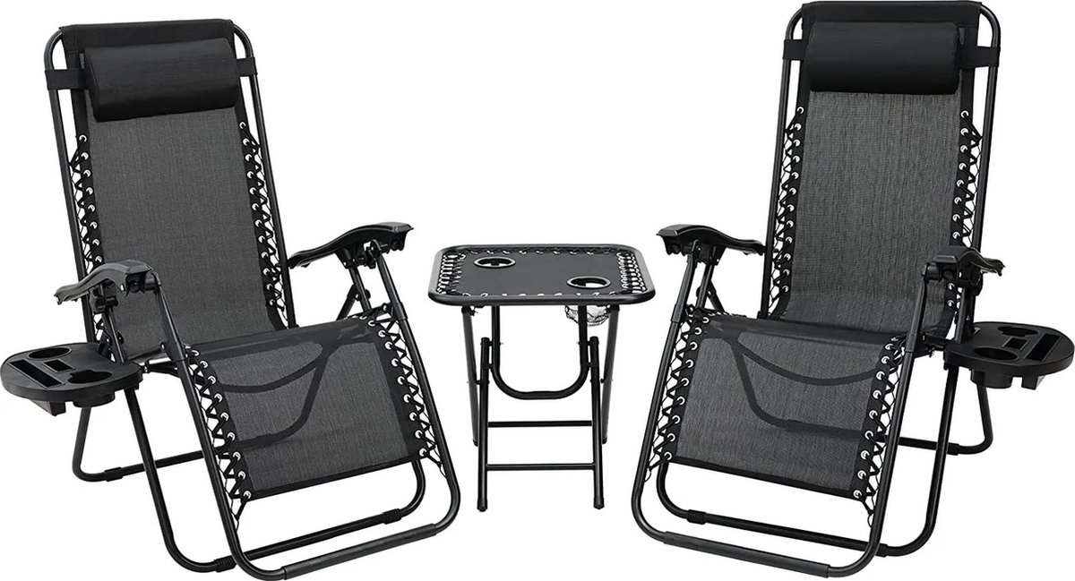 DHN Set van Twee ligstoelen met tafel - Tuinmeubels - Ligstoelen met tafel - Balkonset - Aluminium - Zwart
