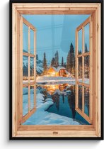 Poster in lijst - Fotolijst 80x120 cm - Posters - Winterlandschap - Natuur - Huis - Bergen - Doorkijk - Raam - Posterlijst zwart - Decoratie - Wanddecoratie woonkamer - Muurdecoratie slaapkamer