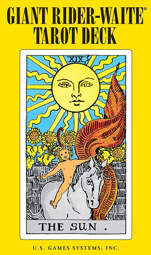 Reusachtige Rider-Waite Tarot kaartenbak: 'De Zon' kaart met zonnegezicht, zonnebloemen, een naakt kind op een wit paard met vlammende manen.