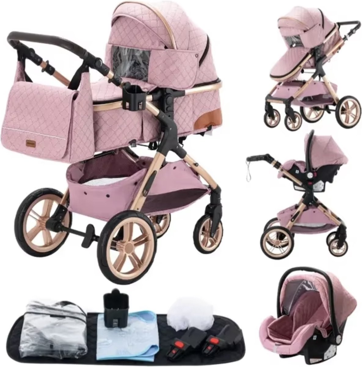 J&R Kinderwagen 3 in 1 - Bedje - Buggy - Autostoel - Opvouwbaar- Roze/Goud/Zwart