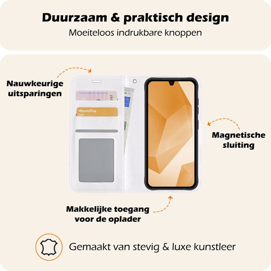 Wit telefoonhoesje in boekstijl, opengeklapt, met vakjes voor pasjes, geld en een telefoon met oranje patroon. Met magnetische sluiting.
