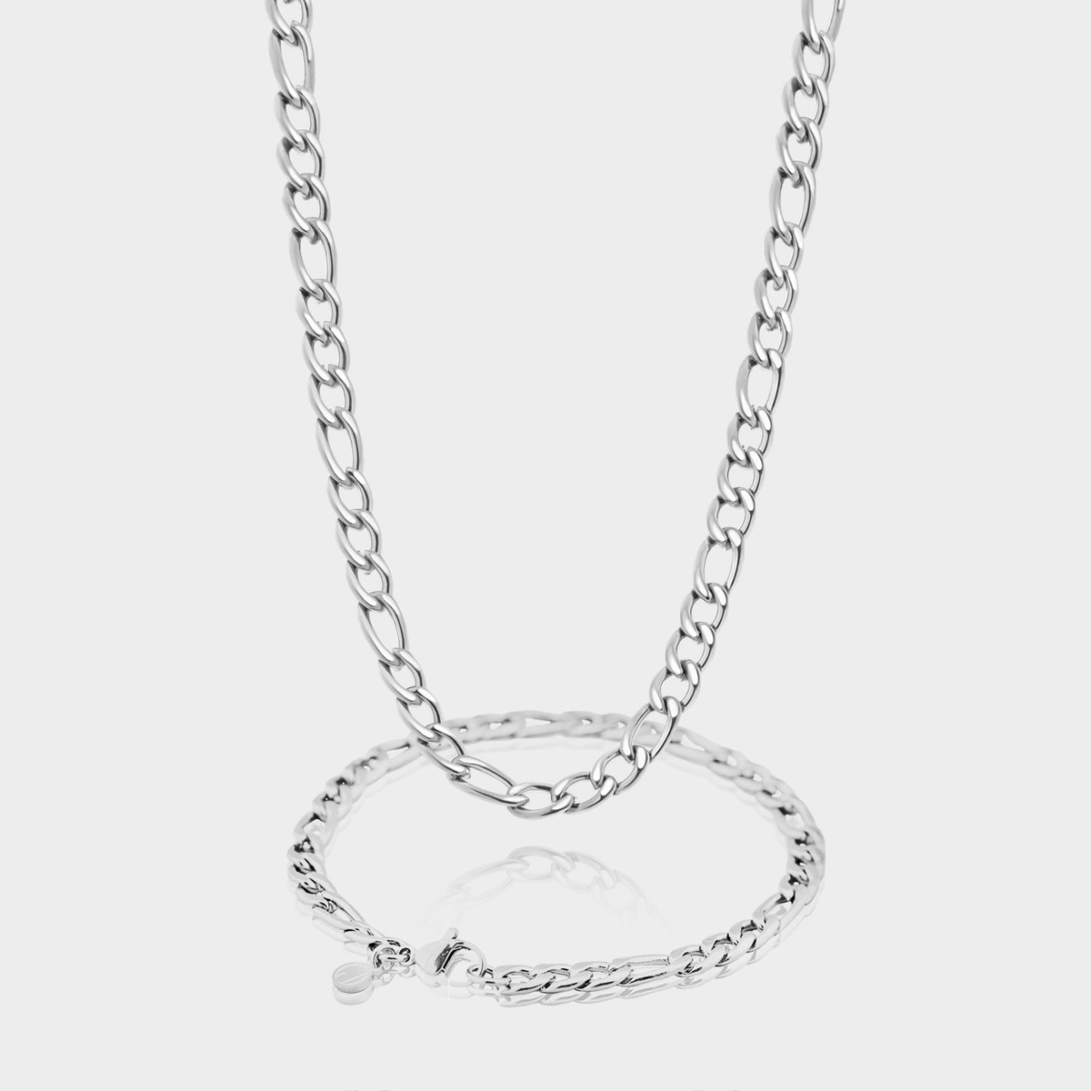 Figaro Ketting 7 mm x Figaro Armband 5 mm - Zilveren Schakelketting en Schakelarmband Heren - 50/21 cm lang - Olympus Jewelry