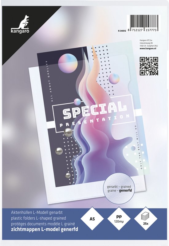 Verpakking van 25 Kangaro L-maps in A5-formaat, PP 120 micron, transparant, generfd, met 'Special Presentation' opdruk.