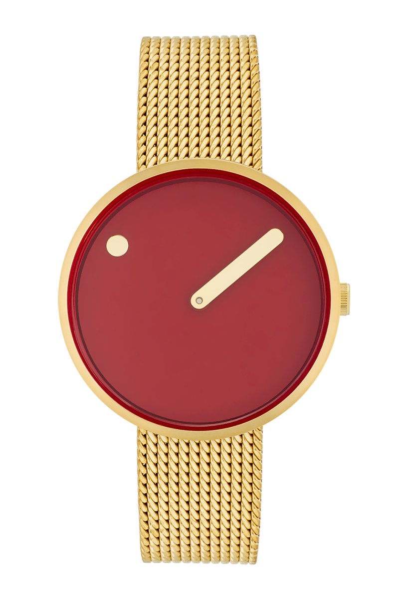 Picto Design Dameshorloge Kaneel Rode Wijzerplaat en Gouden Mesh Horlogeband 34097-0914G - 34mm