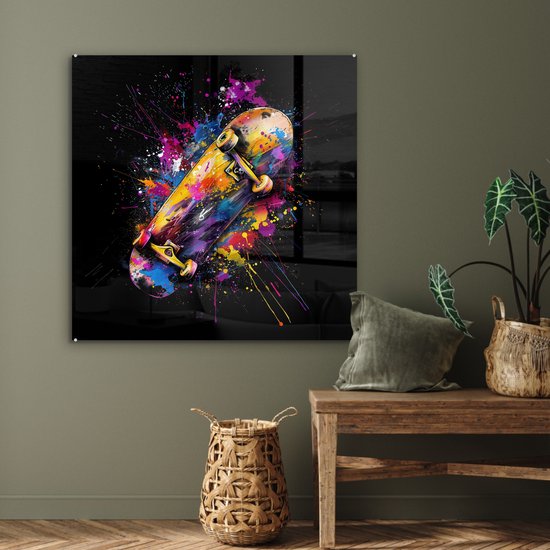 MuchoWow® Glasschilderij 90x90 cm - Schilderij acrylglas - Graffiti - Sport - Skateboard - Skate - Foto op glas - Muurdecoratie woonkamer - Wanddecoratie slaapkamer - Schilderijen