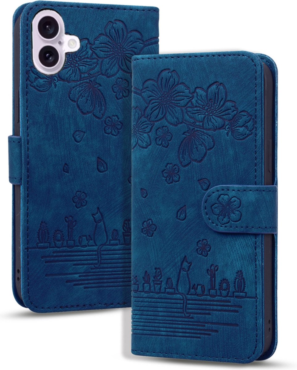 BookCover Hoes Etui geschikt voor iPhone 16 - Blauw - Bloemen Kat - Reliëf