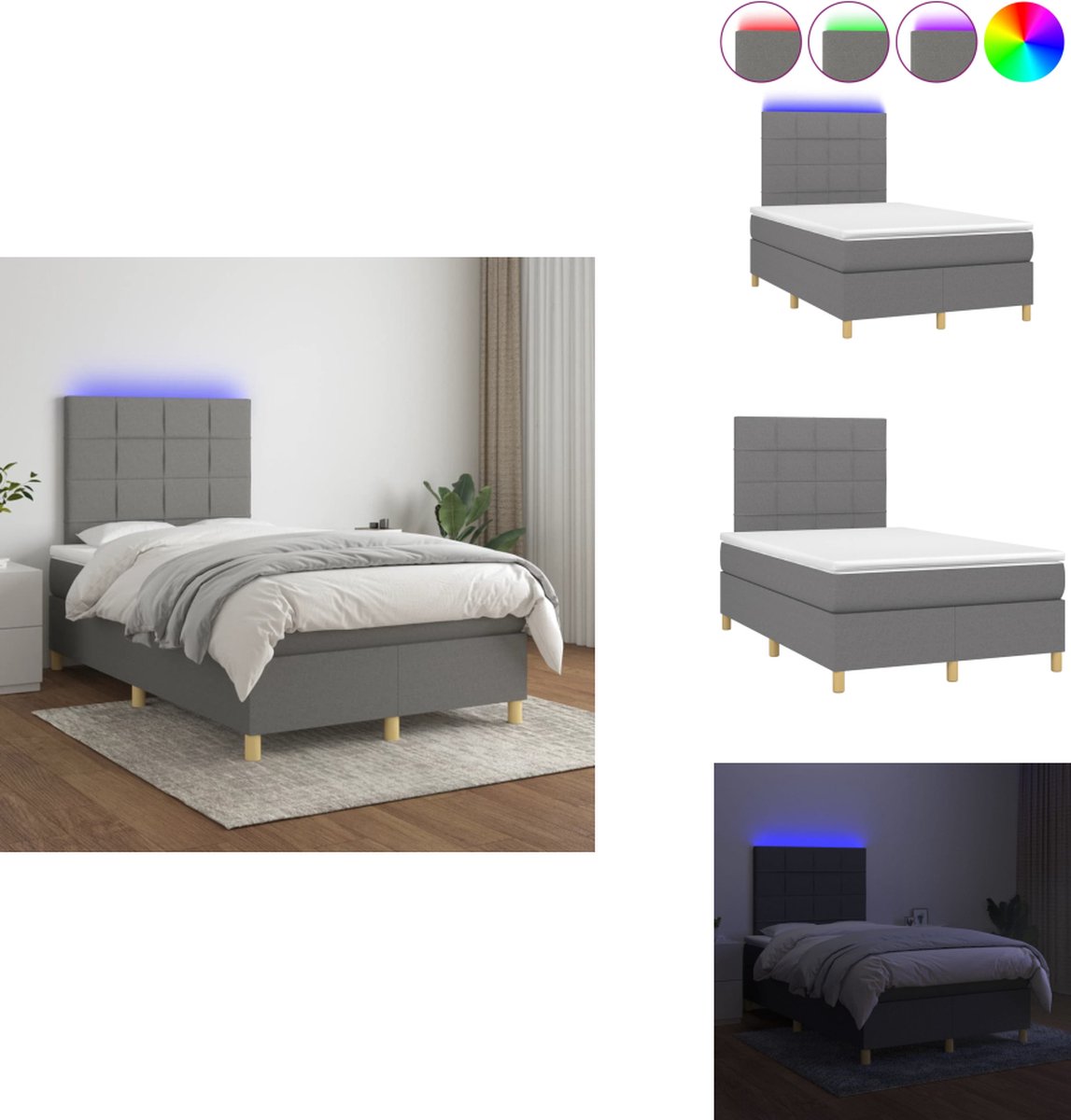 vidaXL Boxspring - Boxsprings - Bed - Slaapmeubel - Boxspring met matras en LED stof donkergrijs 120x200 cm