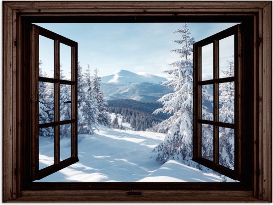 Poster 80x60 cm - Winter - Landschap - Natuur - Berg - Bomen - Doorkijk - Uitzicht - Posters - Kamer decoratie - Wanddecoratie woonkamer - Muurdecoratie slaapkamer