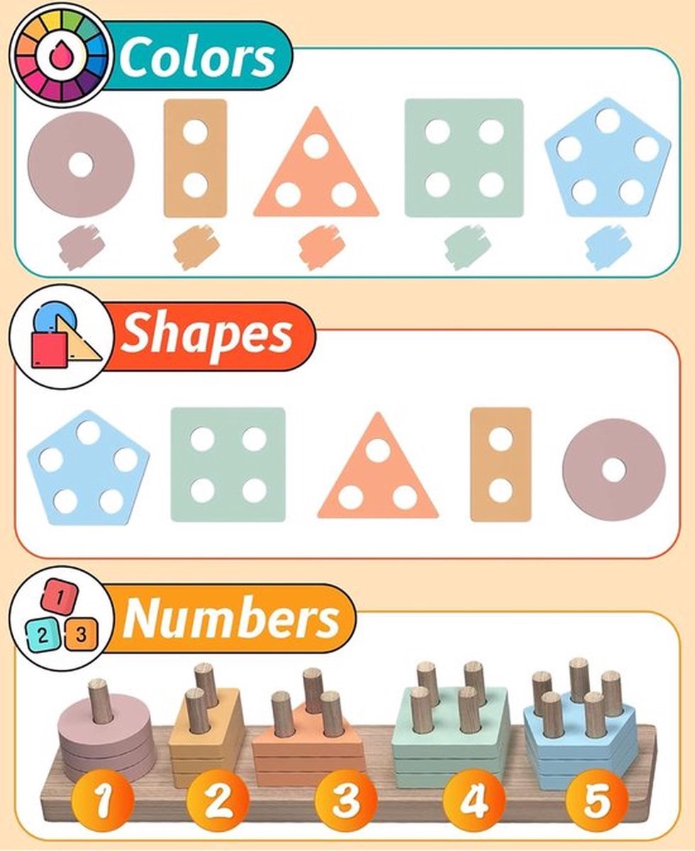 WoodyDoody Montessori Vormen Sorteerspel Sensorisch Speelgoed Vormenstoof - Houten Speelgoed - Montessori Speelgoed voor Motoriek - Educatief Spel van Hout - STEM Speelgoed Vormenstoof met Pastelkleuren - Geometrische Blokken — afbeelding 3