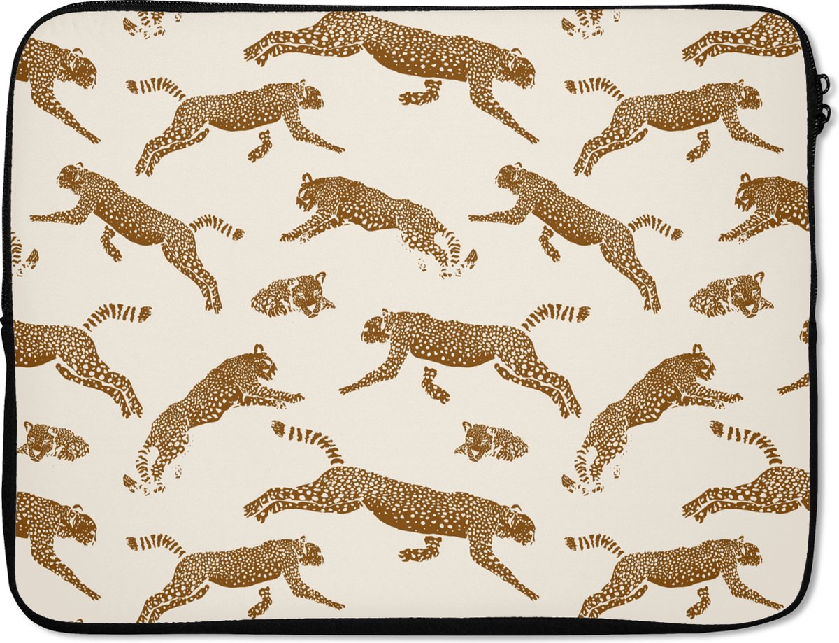 Laptophoes 15.6 inch - Panters - Dieren - Beige - Bruin - Patroon - Laptop sleeve - Binnenmaat 37x26 cm - Zwarte achterkant