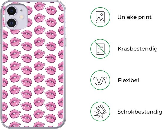 Coque de téléphone compatible avec iPhone 11 - Motif lèvres - Rose - Wit - Coque en Siliconen