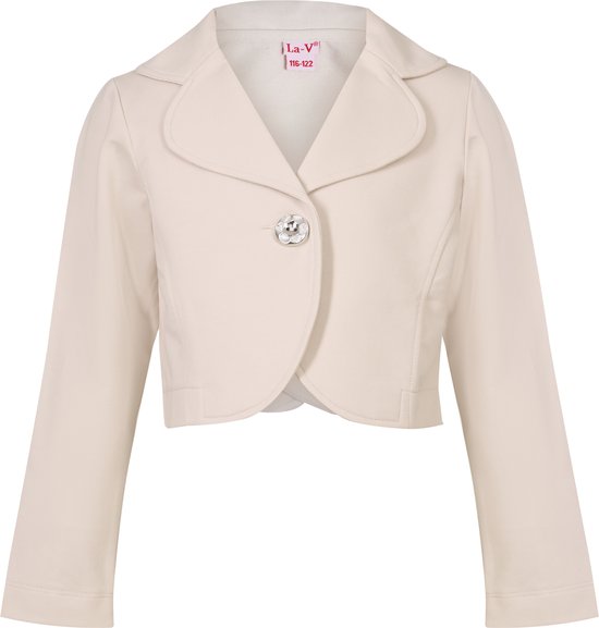 Beige meisjesvest met klassieke kraag, een enkele knoopsluiting met decoratieve zilveren knoop. Merklabel La V 116-122.