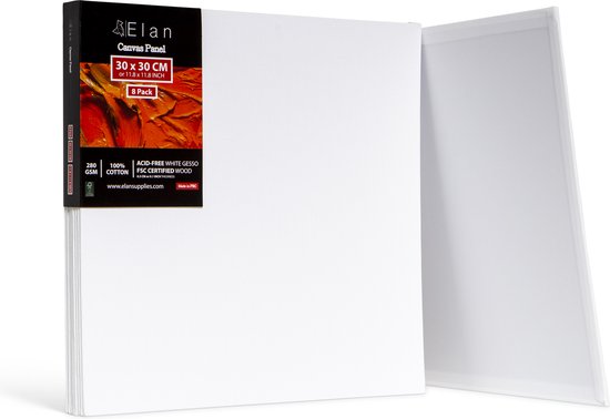 Elan canvas panelen van 30x30 cm, 8 stuks. Gemaakt van 100% katoen met witte gesso.
