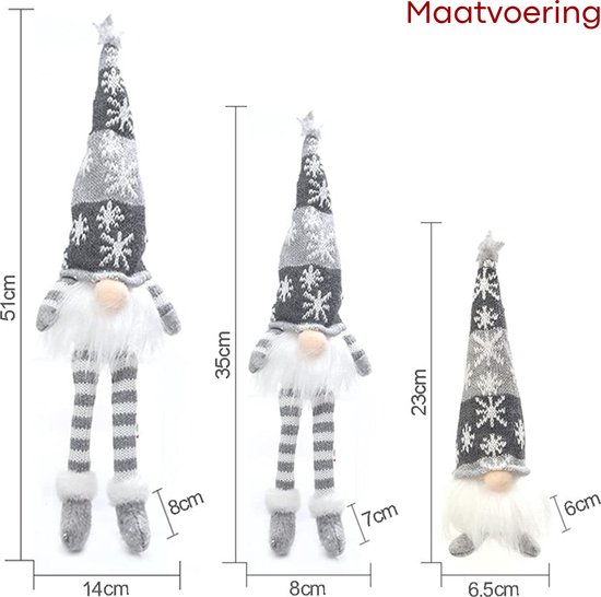 Trois gnomes de Noël gris de différentes tailles, avec motif flocon et leurs dimensions.