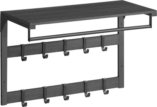 Acaza Kapstok met Plank Hangende Wandkapstok met 5 Haken in Metaal en Hout Wandplank van 66cm lang Zwart
