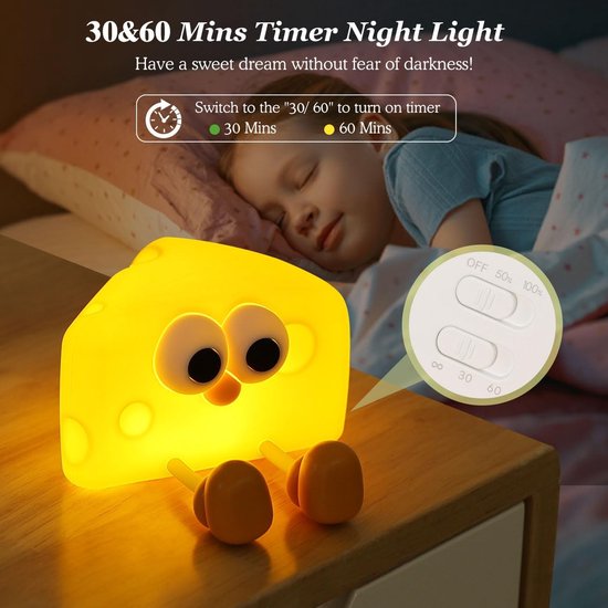 Kaas Nachtlampje-Siliconen Nachtlampje van voedingskwaliteit-Kinderen-Baby-Dimbaar-Timer van 30 minuten-Oplaadbaar LED-licht-Kaas van DRYSSON — afbeelding 4