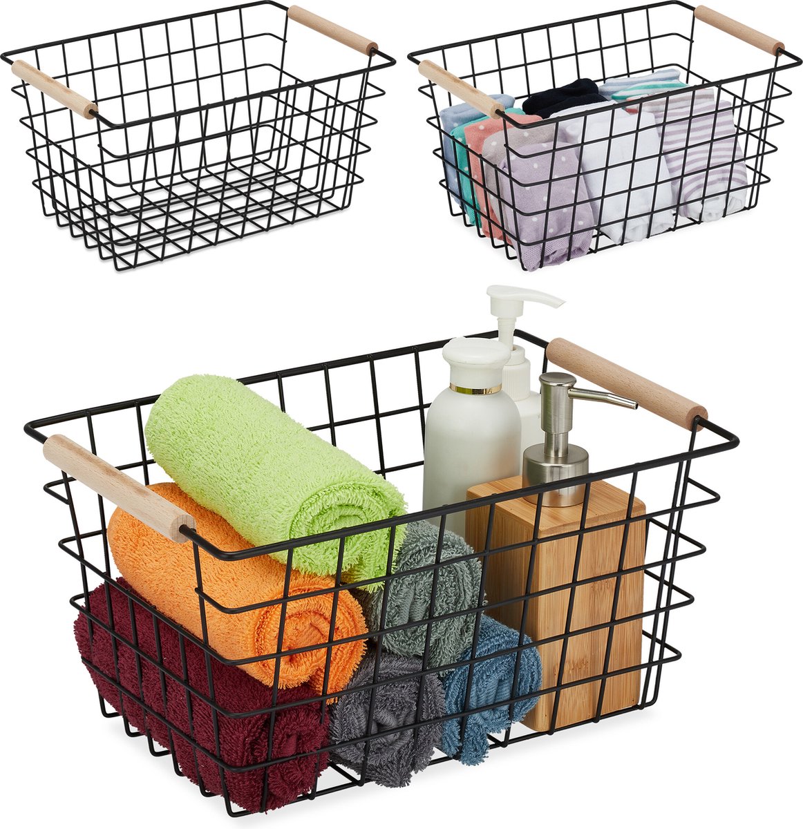 draadmand - set van 3 - handgrepen - mandjes badkamer - kleding - zwart