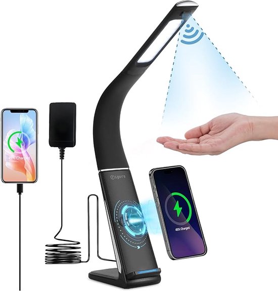 rigors Smart Gesture Sensing LED Desk Lamp, Desk Lamp with Wireless Charger and USB Charging Port, Desk Lamp Sensor Switch and Infinite Dimming, Desk Lamp Adjustment 270° (3 Colors White