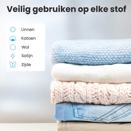 Stapel gestreken kleding: linnen, katoen, wol, satijn en zijde. Een lijst met icoontjes die de stoffen vertegenwoordigen.