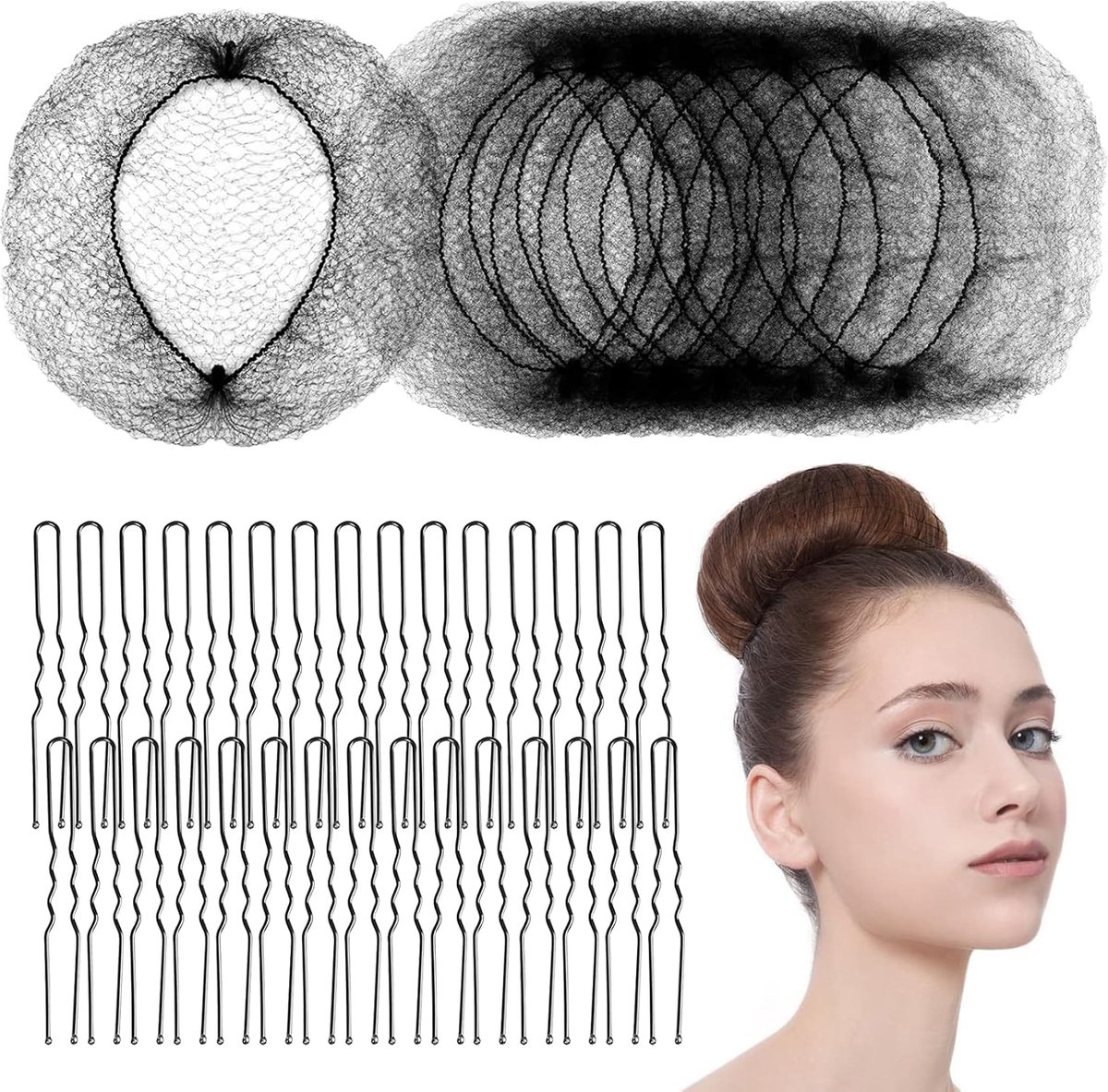 Haarnetje Knot Zwart + U-vormige Spelden (50+50) – Ballet Haarnetje – Onzichtbaar Elastisch Knotnet 55 cm – Voor Ballet & Paardrijden