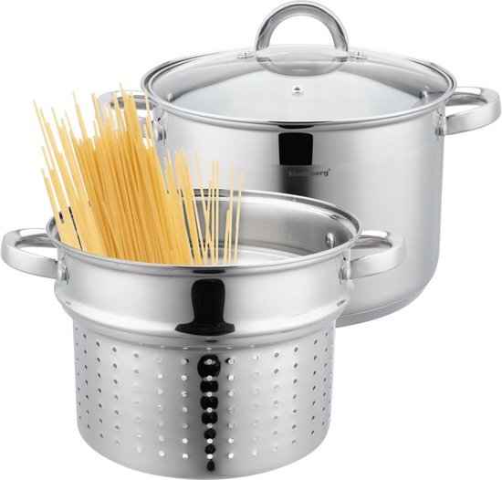 Casserole en acier inoxydable avec couvercle en verre et panier à pâtes. Le panier est rempli de spaghetti.