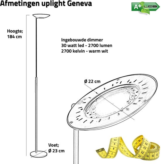 Dimensions du lampadaire 'Geneva': hauteur 184 cm, base 23 cm, abat-jour 22 cm.