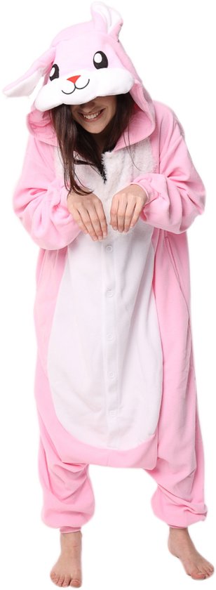 KIMU Onesie Roze Konijn Pak - Maat XL-XXL - Konijnenpak Kostuum Paashaas - Hazenpak Zacht Fleece Huispak Jumpsuit XXXL 3XL Dames Heren Halloween