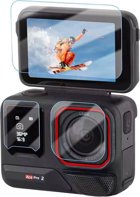 Protecteur d'écran adapté pour Insta360 Ace Pro 2 Action Cam - Verre trempé - Set complet - Protecteurs d'écran de haute qualité - Tempered Glass 9H - 1 jeu - 2x LCD & 1x Objectif - TechDefend