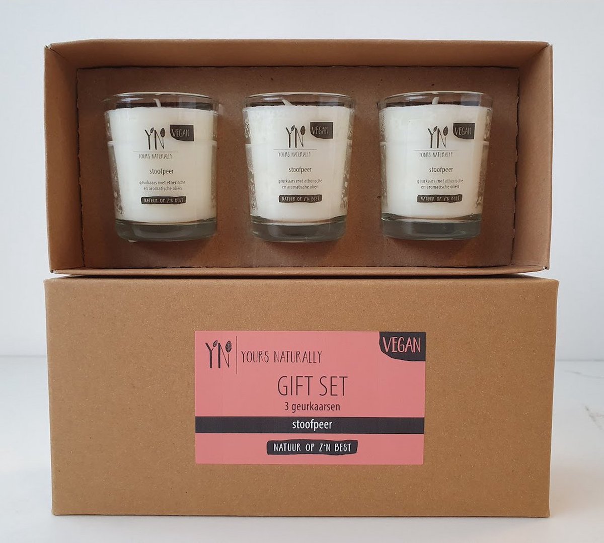 Yours Naturally | Giftset Stoofpeer | Vegan | 3 Geurkaarsen | 100% natuurlijk | Bio | Giftset vrouw | Massage olie - Trendy