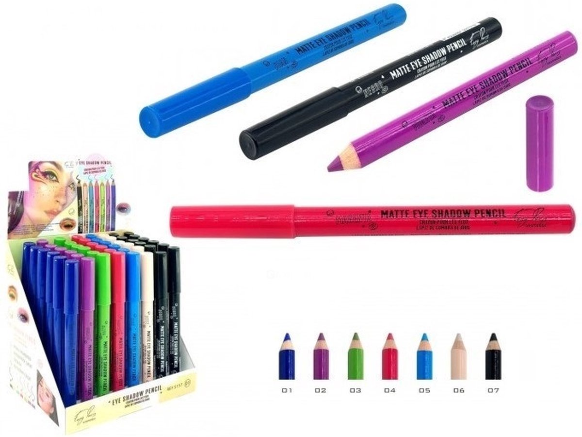 Easy Paris Cosmetics - 7 Jumbo Matte Oogschaduw Potlood met puntenslijper - Kobalt Blauw - Paars - Groen - Fel Roze - Blauw - Beige - Zwart - Set met 7 stuks