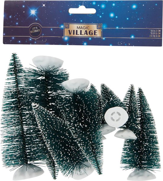 Kerstdorp Kerstboompjes - 10 STUKS - Groen met Sneeuw - 4-10 cm - Kunststof - Miniatuur Boompjes