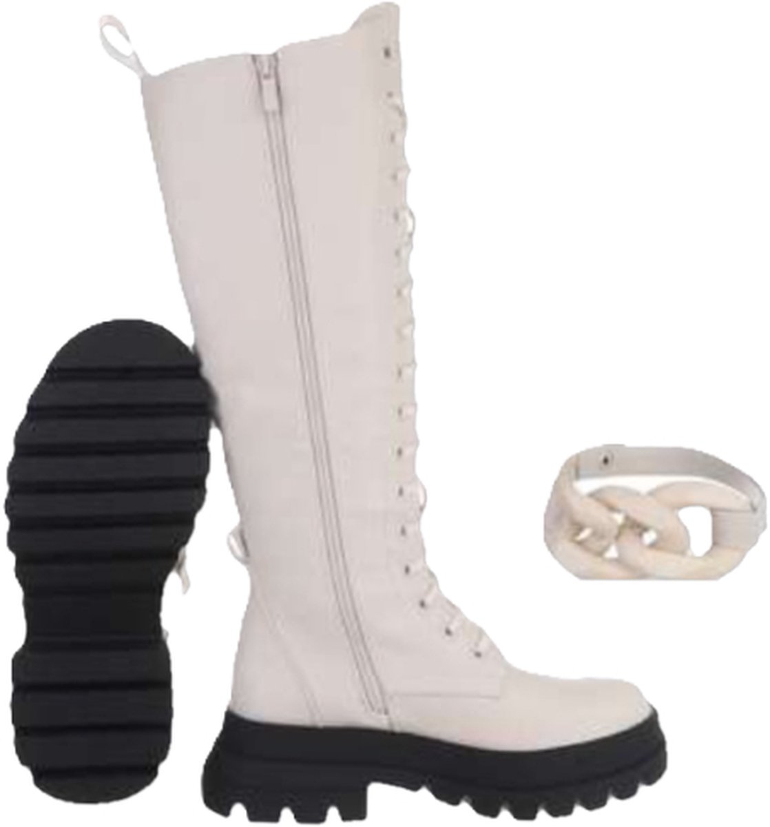 Dilena Fashion Hoge veterlaarzen licht beige met sierband