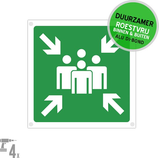Pictogramme/panneau Dibond | Évacuation du point de rassemblement | 20 x 20 cm | Avec trous percés | Feu | Inoxydable | 1 pièce