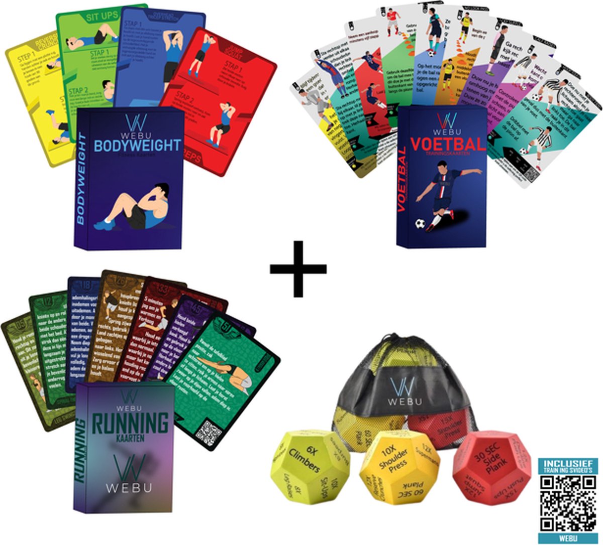WEBU Workout Dobbelstenen + Voetbal, Running en Bodyweight Workout Kaarten - Voetbal Spullen - Voetbal Trainingskaarten - Voetbaltraining - Voetbal - Voetbalspel - Trainingsmateriaal - Unieke Methode - Voor Voetballers en Trainers