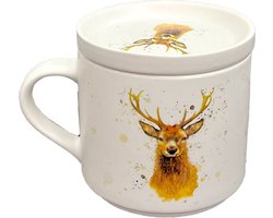 Beker/Mok - Onderzetter Deksel Set - Wild Stag/Hert - Jan Pashley - Porselein - 300ml