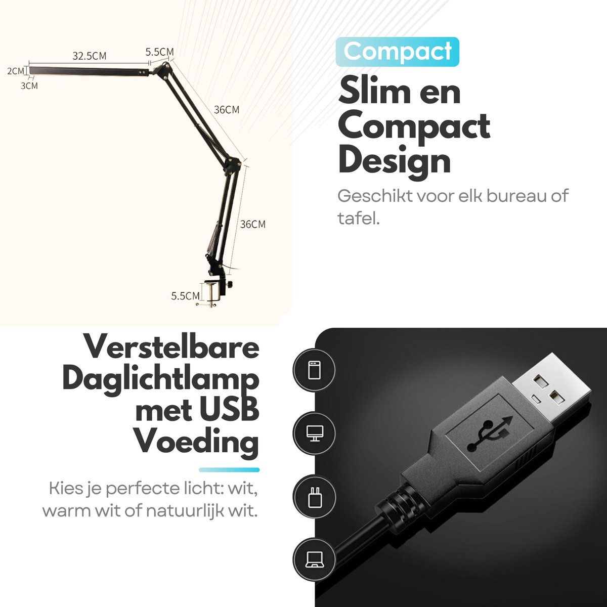 Verstelbare LED Bureaulamp - 3 Lichtstanden - Flexibele Bureau Lamp Dimbaar - Verstelbaar - Met Klembevestiging - Zwart thumbnail 4