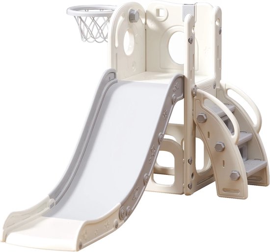 Bloominggoods® Speeltoestel Toren 3 in 1 - Wit/Grijs - Glijbaan en basket voor binnen en buiten - Baby - Peuter - Kleuter - Cadeau - 1 jaar - 2 jaar - 3 jaar - Sinterklaas - Kerst - BPA-Vrij