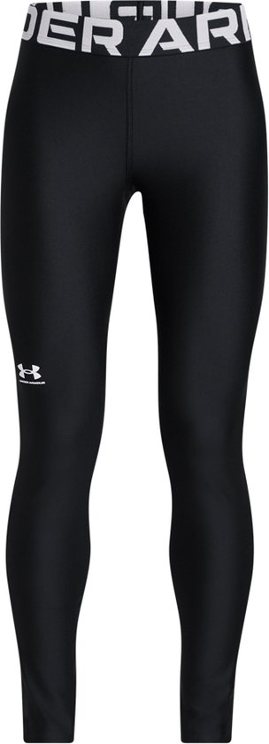 Zwarte sportlegging met witte 'UNDER ARMOUR' band aan de taille en logo op het been.