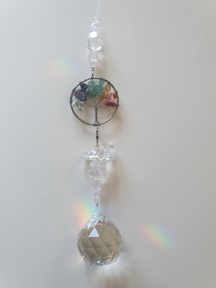 CrystalDesign Tree of Life Raamhanger met een bol 30mm kristal van het merk Asfour ,Tree of Life van halfedelstenen , Raamkristal , Regenboogkristal, spiritueel, hanger, raamdecoratie, raam versiering, geboorte, geschenk, kerst, kerstpakket, gouden driehoek Transparant