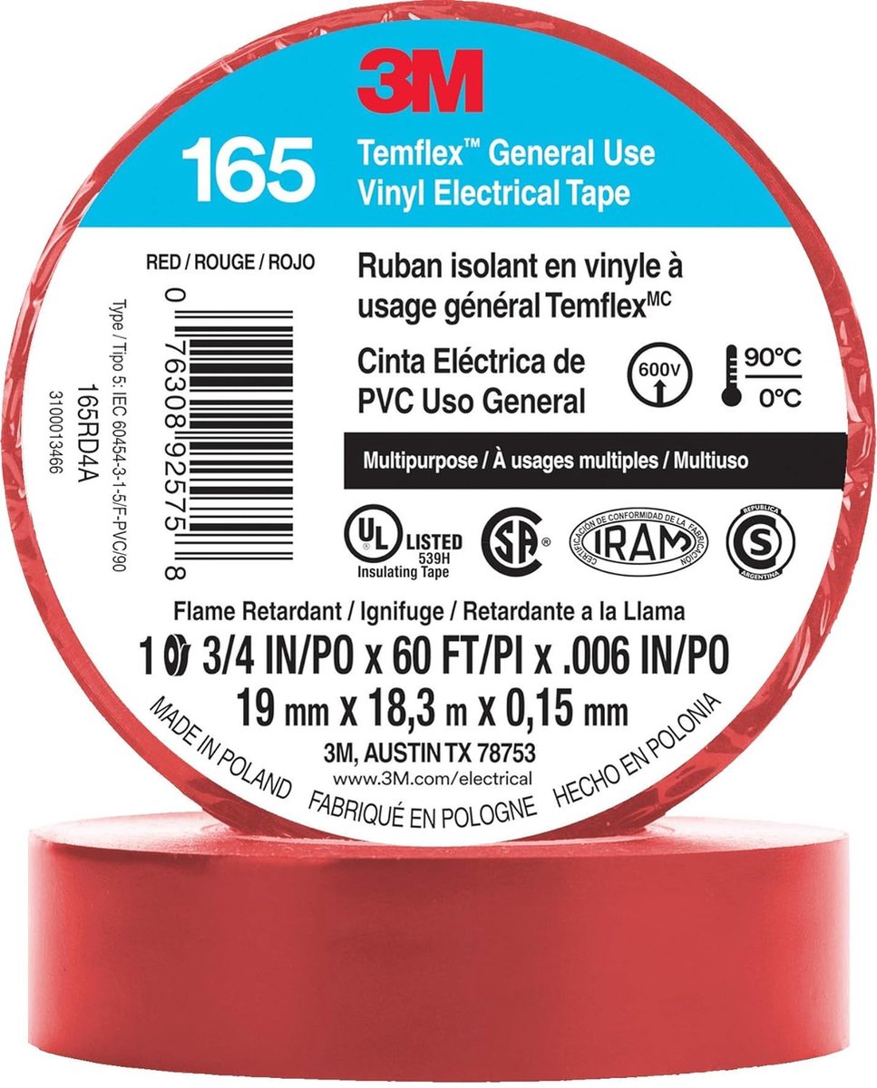 3M Temflex - Vinyl isolatietape 165 - Rood