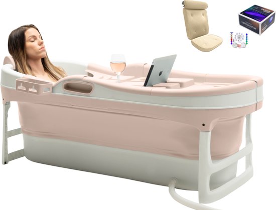HelloBath® Opvouwbaar bad - XL James - Zand - 148 cm lang - Inklapbaar bad - Zitbad voor volwassenen - Bath Bucket - Extra: Badkussen, Deksels, Badlamp & Opberghoes