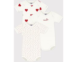 Petit Bateau Set van 3 katoenen body's met korte mouwen en hartjes Meisjes Rompertje - Wit/Rood + Wit/Rood + Wit