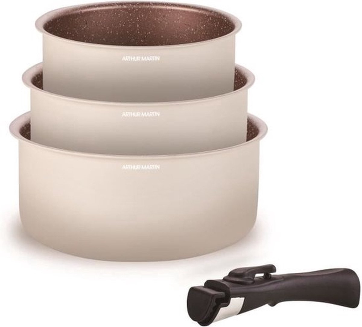 Kookgerei - Alle warmtebronnen inclusief inductie - ARTHUR MARTIN - AM2655 - Set van 3 steelpannen -16-18-20 cm + 1 afneembare handgreep